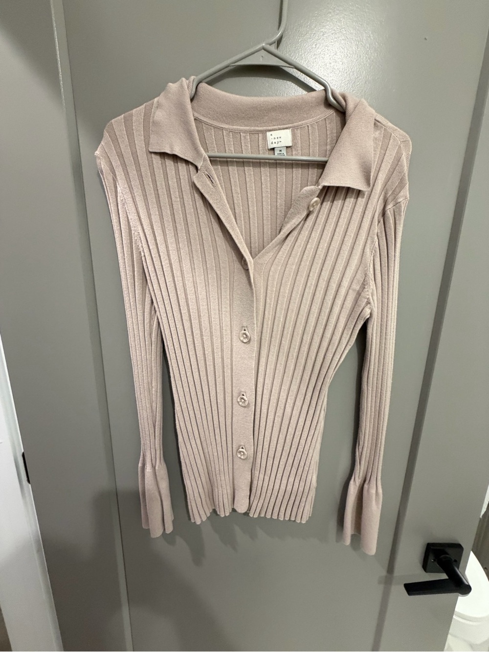 a new day Ribbed Button-Up Collared Long Sleeve Top in Light Beige